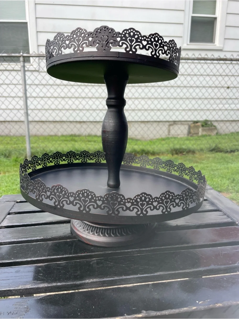 2 Tier Display Food Cake Standing Trays Pedestal Black Ornate Lace CutOut Edges